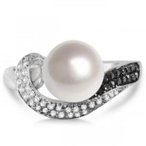 Black & White Diamond & Freshwater Pearl Ring 14K White Gold 8.5-9mm