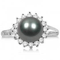 Grey Black Tahitian Pearl & Diamond Halo Ring 14K White Gold 8-9mm