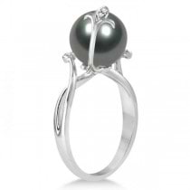 Floral Black Tahitan Pearl Ring with Diamonds 14K White Gold 10-11mm