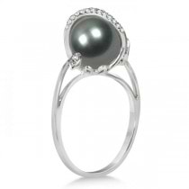 Grey Black Tahitian Pearl & Diamond Twist Ring 14K White Gold 9-10mm