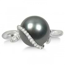 Grey Black Tahitian Pearl & Diamond Twist Ring 14K White Gold 9-10mm