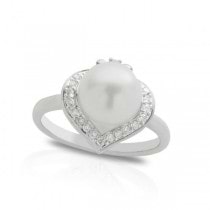 Freshwater Pearl & Halo Diamond Heart Ring in 14k White Gold 9-9.5mm