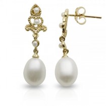 Antique Style Freshwater Pearl Dangle Earrings 14k Yellow Gold 7-7.5mm
