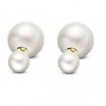 Freshwater White Round Pearl Double Pearl Studs 14k Yellow Gold (8-11mm)