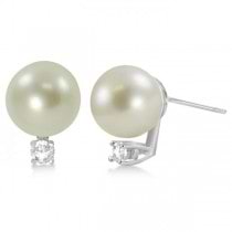 Diamond & Cultured South Sea Pearl Stud Earrings 14K White Gold 9-10mm