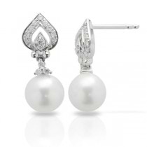 Diamond Accented Freshwater Pearl Earrings in 14k White Gold 7.5-8mm