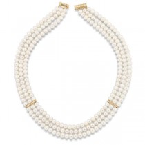 Triple Strand Freshwater Pearl Necklace in 14k Yellow Gold 5.5-6mm