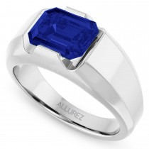 Lab-Grown Emerald Cut Solitaire Men's Blue Sapphire Ring 14K White Gold (4.48ct)