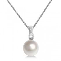 Diamond & South Sea Pearl Solitaire Pendant Necklace 14K White Gold 9-10mm