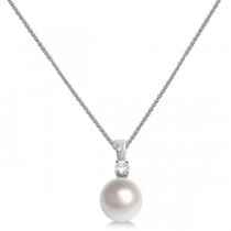 Diamond & South Sea Pearl Solitaire Pendant Necklace 14K White Gold 9-10mm