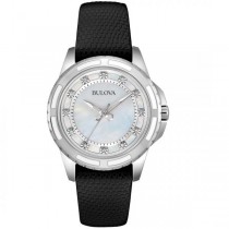 Bulova Women's Mother of Pearl Dial Diamond Black Leather Quartz Watch
