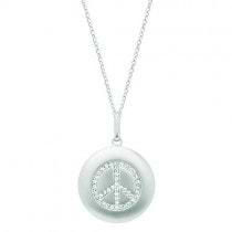 Diamond Peace Sign Disc Pendant Necklace 14k White Gold (0.16ct)