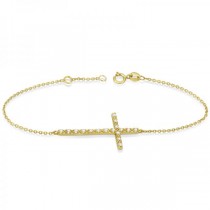 Sideways Cross Ankle Bracelet & Diamond Accents 14k Yellow Gold (0.20ct)