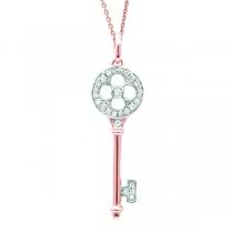 Diamond Clover Key Pendant Necklace in 14k Rose Gold (0.13ct)