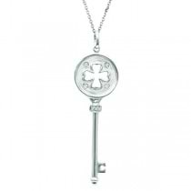 Diamond Clover Key Pendant Necklace in 14k White Gold (0.07 ct)