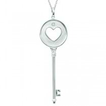 Diamond Heart in Circle Key Pendant Necklace 14k White Gold (0.06ct)