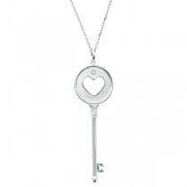 Diamond Heart in Circle Key Pendant Necklace 14k White Gold (0.06ct)