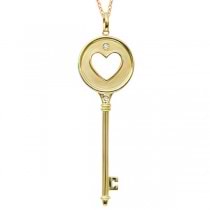 Diamond Heart in Circle Key Pendant Necklace 14k Yellow Gold (0.06ct)