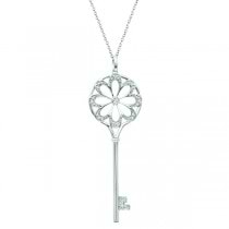 Diamond Flower Circle Key Pendant Necklace 14k White Gold (0.16ct)