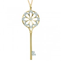 Diamond Flower Circle Key Pendant Necklace 14k Yellow Gold (0.16ct)