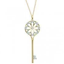 Diamond Flower Circle Key Pendant Necklace 14k Yellow Gold (0.16ct)