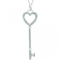 Diamond Open Heart Key Pendant Necklace 14k White Gold (0.12ct)