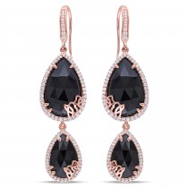 Pear Black Onyx & Diamond Dangle Earrings Pink Sterling Silver (17.95ct)