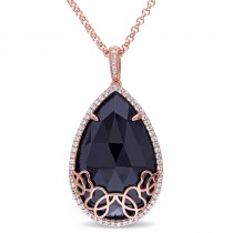 Pear Black Onyx & Diamond Necklace Pink Sterling Silver (23.43ct)