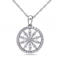 Diamond Flower Circle Pendant Necklace 14k White Gold (0.50 ct)