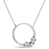 Diamond Flower Cricle Pendant Necklace 14k White Gold (0.16ct)