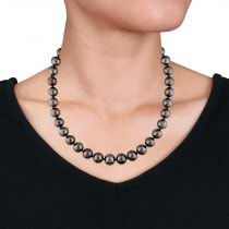 Round Black Tahitian Pearl Strand Necklace 14k White Gold (11-13mm)