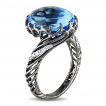 Oval Cabochon Blue Topaz & Diamond Fashion Ring 18k White Gold (9.10ct)