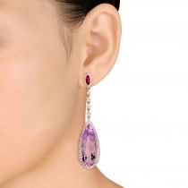 Pear Shaped Pink Amethyst & Diamond Earrings 14k Rose Gold (21.80ct)