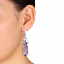 Pear Cut Pink Amethyst & Diamond Earrings 14k White Gold (20.52ct)