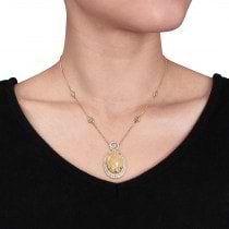 Oval Ethiopian Opal & Diamond Necklace 14k Yellow Gold (17.00ct)