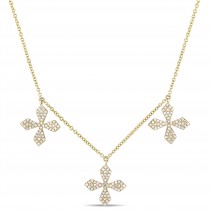Diamond Triple Floral Cross Station Necklace 14k Yellow Gold (0.41ct)