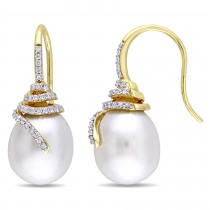 Diamond & White South Sea Pearl Earrings 14k Yellow Gold (12-13mm)