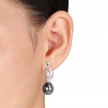 Diamond & Black Tahitian Pearl Ear Pin Earrings 14k W Gold (11-11.5mm)