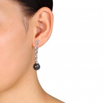 Diamond & Black Tahitian Pearl Dangle Earrings 14k W Gold (11-11.5mm)
