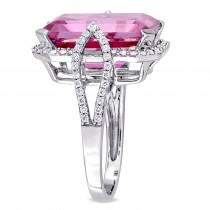 Emerald Cut Pink Topaz & Diamond Fashion Ring 14k White Gold (15.00ct)