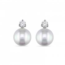 Round Pearl & Diamond Stud Earrings 14k White Gold (0.40ct)