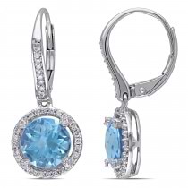Blue Topaz & Round Diamond Halo Earrings 14k White Gold (4.80ct)