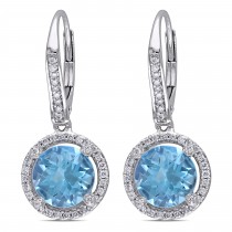 Blue Topaz & Round Diamond Halo Earrings 14k White Gold (4.80ct)