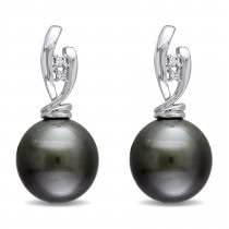 Round Tahitian Pearl & Diamond Accent Earrings 14k White Gold (0.05ct)