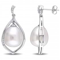 Drop Pearl & Diamond Dangle Earring 14k White Gold (0.10ct)