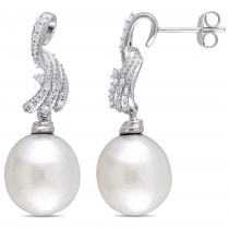 Drop Pearl & Diamond Dangle Earrings 14k White Gold (0.25ct)