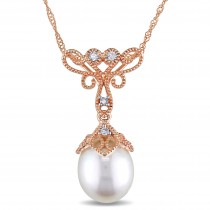 Rice Pearl & Diamond Drop Pendant Necklace 14k Rose Gold (0.05ct)