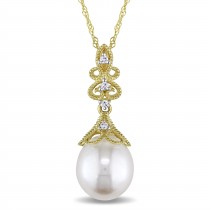 Rice Pearl & Diamond Drop Pendant Necklace 14k Yellow Gold (0.05ct)
