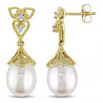 Tear Drop Pearl & Diamond Accent Dangle Earrings 14k Yellow Gold (0.06ct)