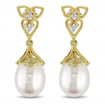 Tear Drop Pearl & Diamond Accent Dangle Earrings 14k Yellow Gold (0.06ct)